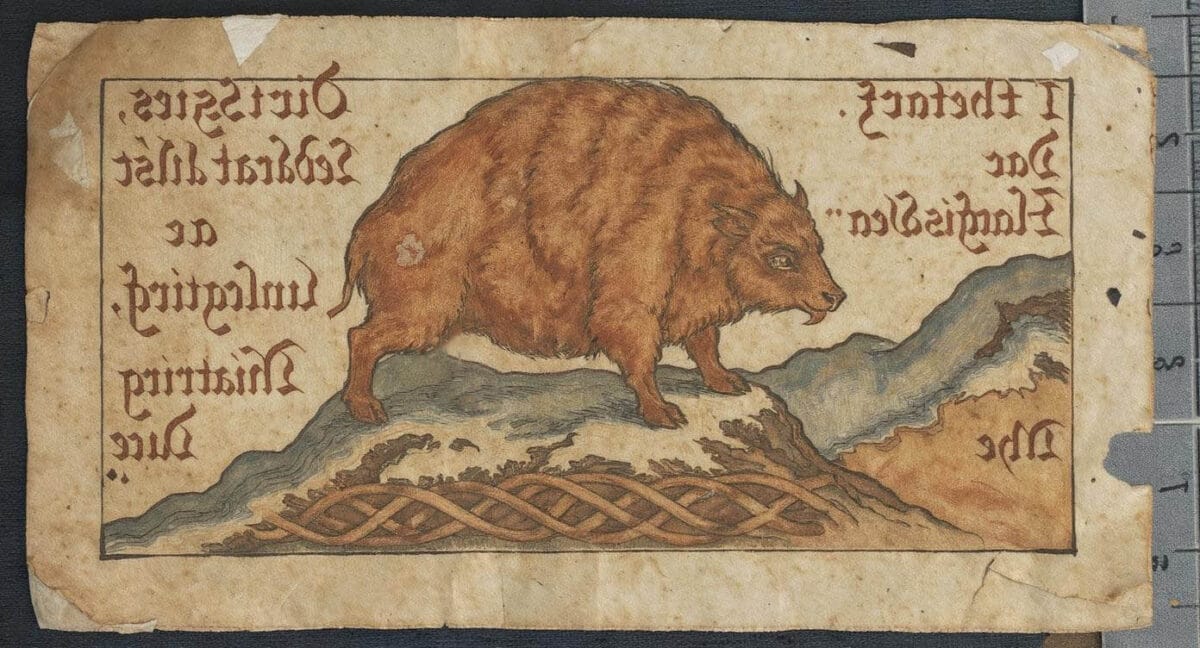 ancient pages of a old middle ages scottish manuscript, where the elusive Scottish haggis with 3 legs roams free.